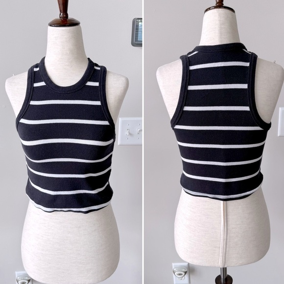 Mauve Cropped Black and White Striped Ribbed Tank Top - Picture 1 of 9